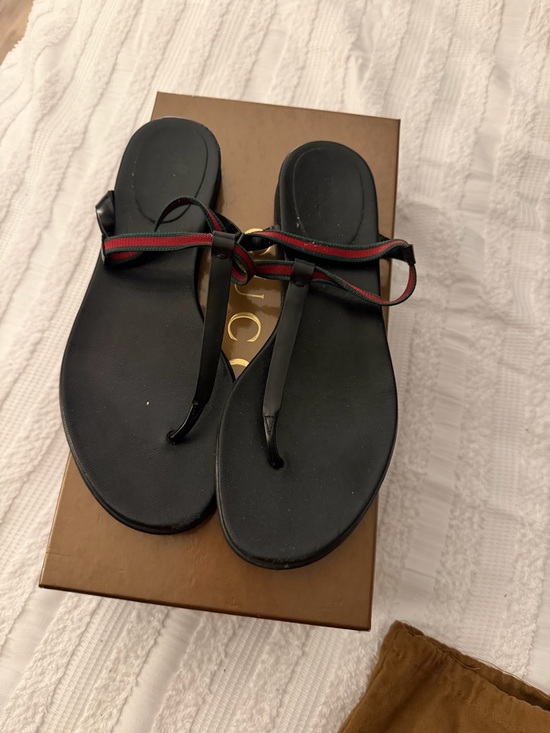 Gucci Shoes - Gucci Black Thong Sandals with Red and Green Webbing